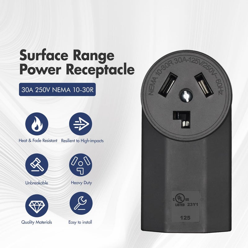 micmi NEMA 10-30R Receptacle 3-Pole 3-Wire Surface Mount Range Power Receptacle, Industrial Grade 30A 125/250V UL Listed, Black (NEMA 10-30R) - Image 2